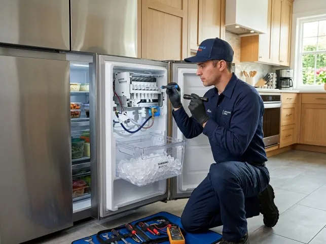 Appliance Repair Hero technician repairing a refrigerator ice maker in Beaumont, CA